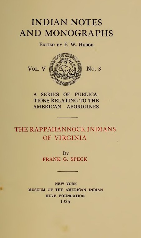 Title page of The Rappahannock Indians of Virginia by Frank G. Speck, 1925